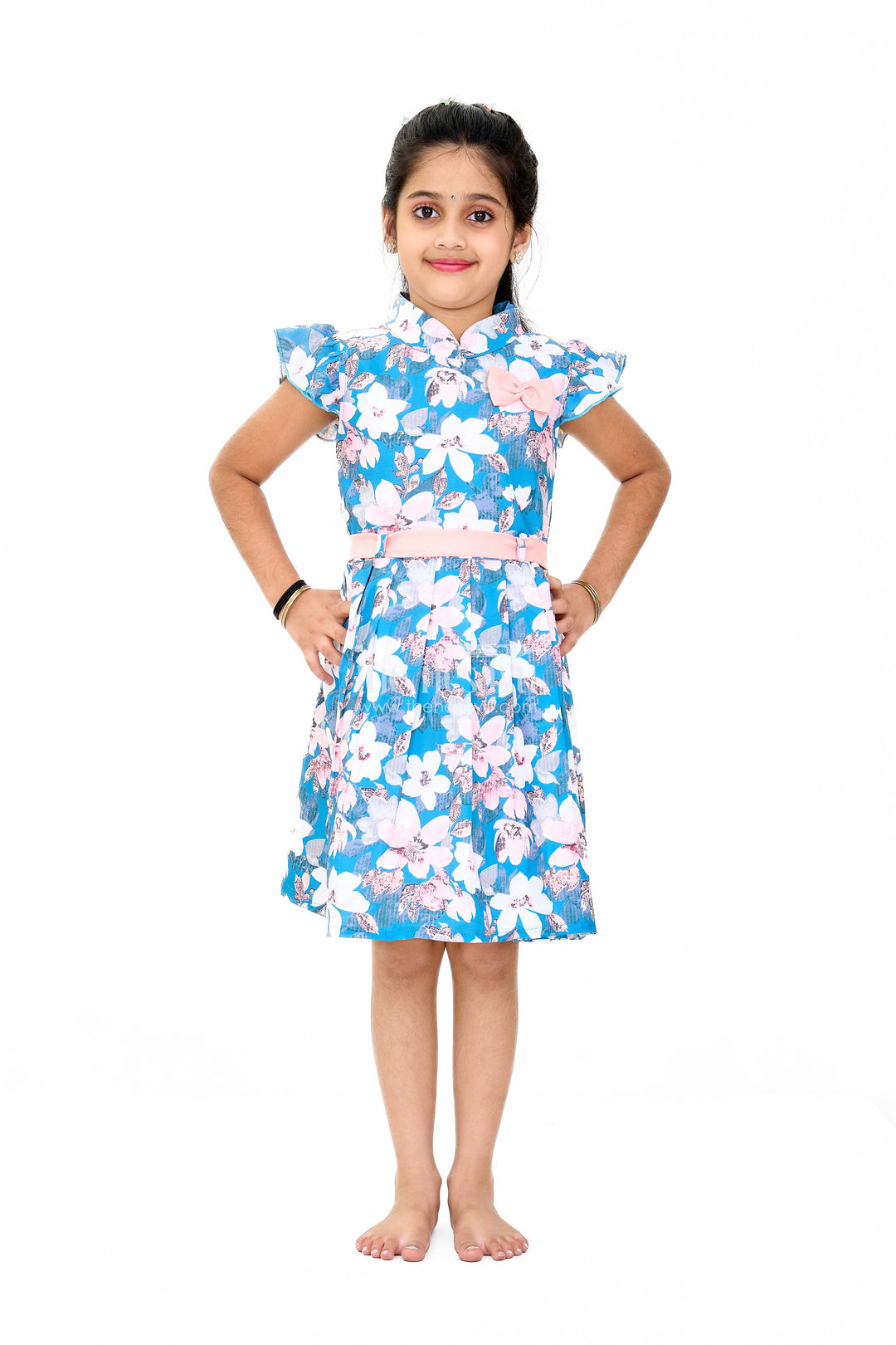 The Nesavu Girls Cotton Frock Girls Disney Princess Fancy Dress with Floral Print and Puff Sleeves Nesavu 18 (2Y) / Blue GFC1570A-18 Nesavu Girls Disney Princess Fancy Dress Puff Sleeves Floral Print