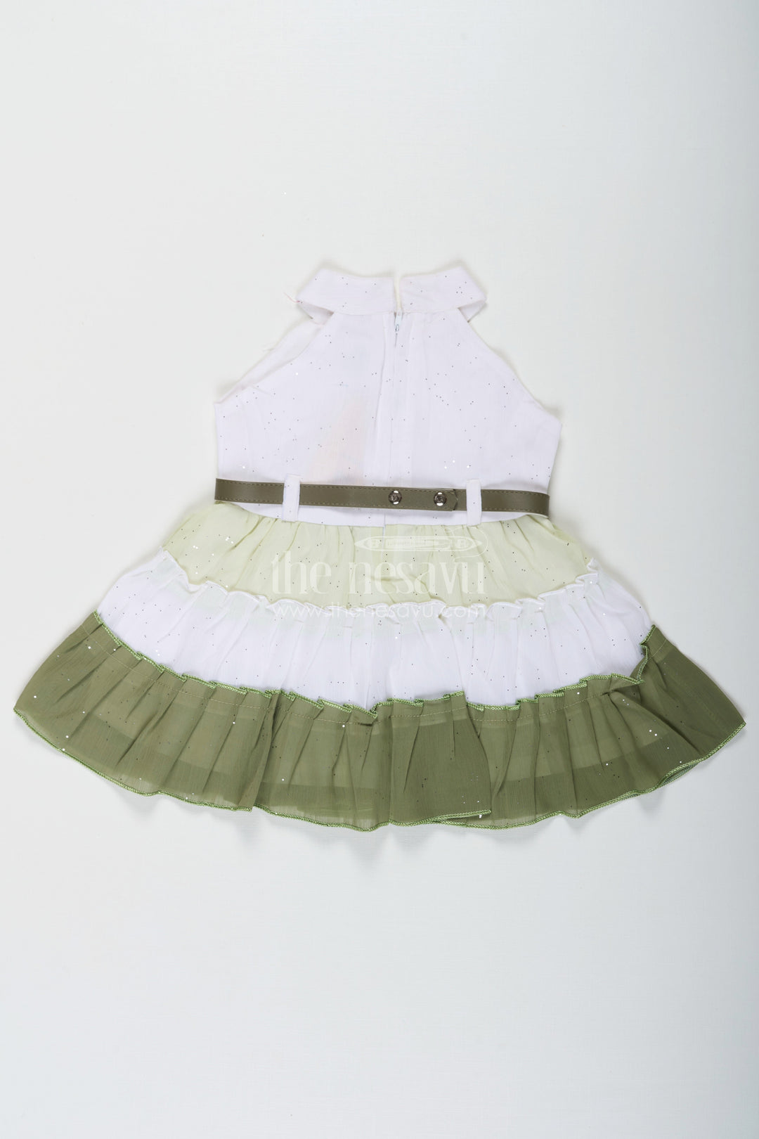 The Nesavu Girls Cotton Frock Girls Double Colour Long Frock Design in White and Olive Green Georgette with Glitter Embellishment Nesavu Nesavu Girls Double Colour Long Frock Glitter Georgette Ombre White Olive Green Design