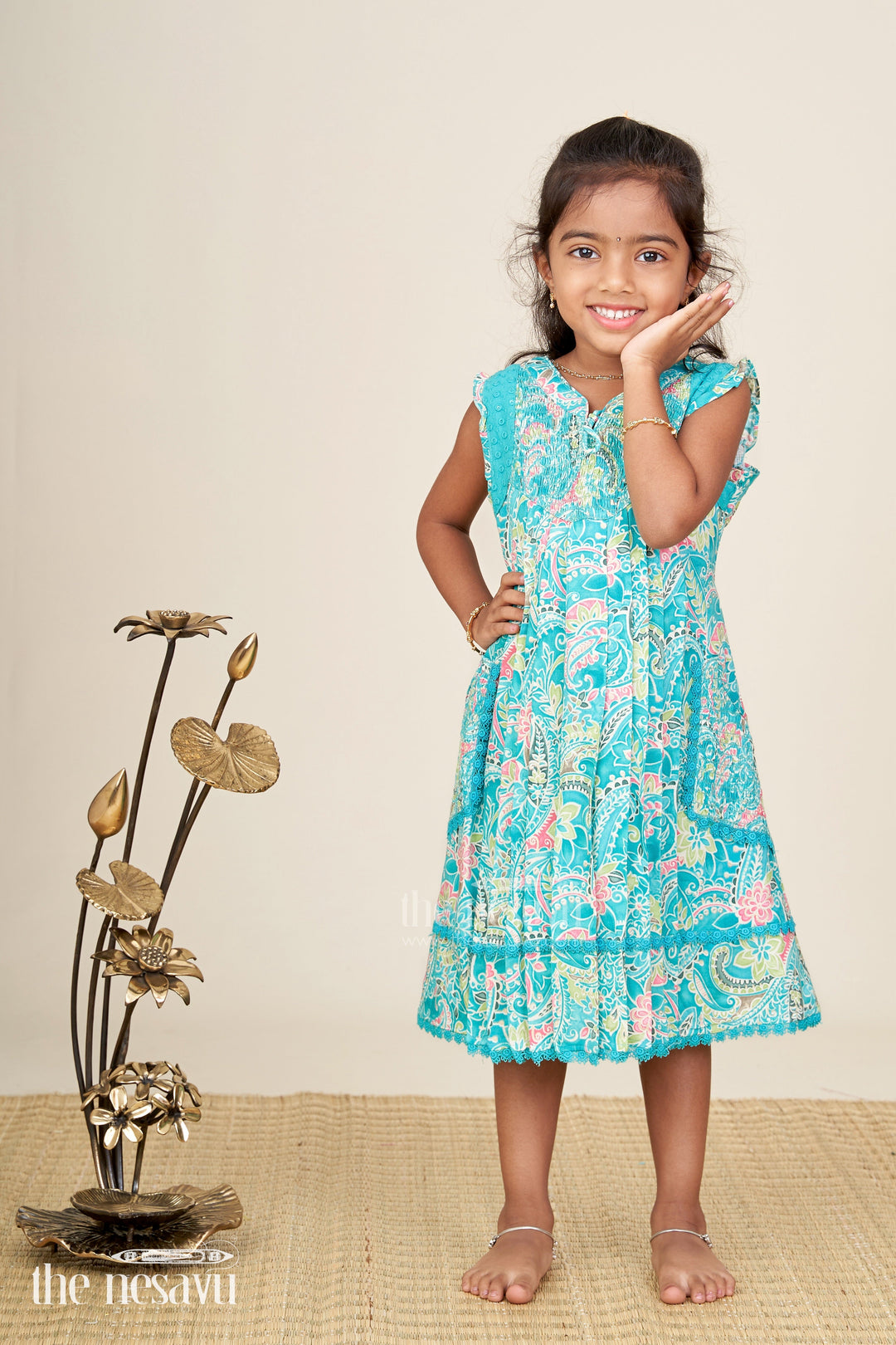 The Nesavu Girls Cotton Frock Girls Dress For Special Occasions Embroidered And Elegant Nesavu 22 (4Y) / Blue GFC1814A-22 Nesavu Girls Teal Dress Special Occasions Cotton Floral Print Shirred Details