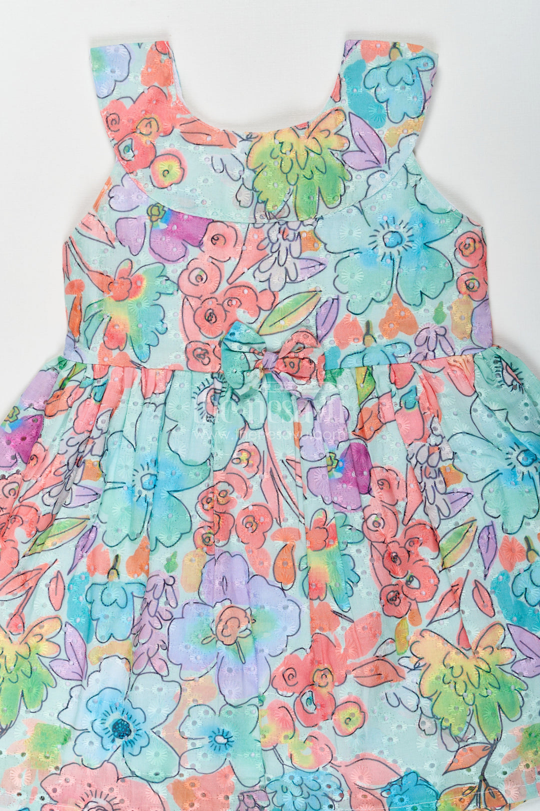 The Nesavu Baby Cotton Frocks Girls Dresses Flower Style in Soft Hakoba Cotton with Multicolor Floral Print and Bow Waist Nesavu Nesavu Multicolor Hakoba Cotton Dresses Flower Style Girls Bow Detail Comfortable Fit
