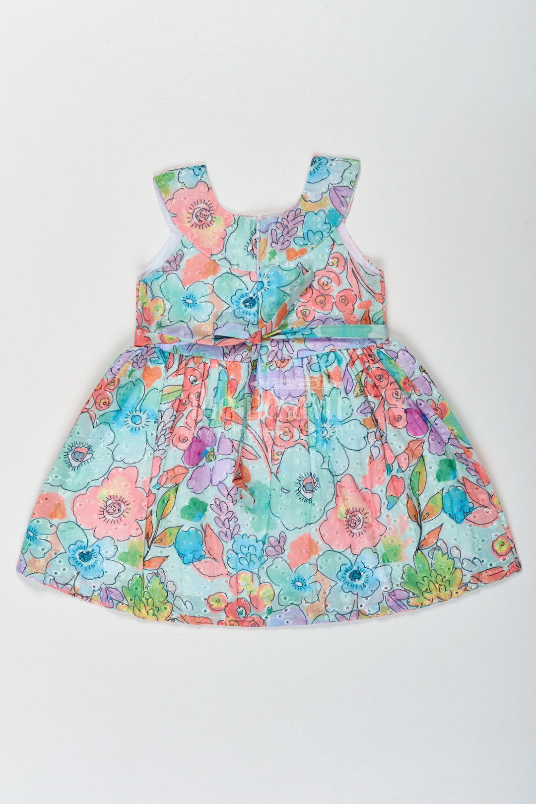 The Nesavu Baby Cotton Frocks Girls Dresses Flower Style in Soft Hakoba Cotton with Multicolor Floral Print and Bow Waist Nesavu Nesavu Multicolor Hakoba Cotton Dresses Flower Style Girls Bow Detail Comfortable Fit