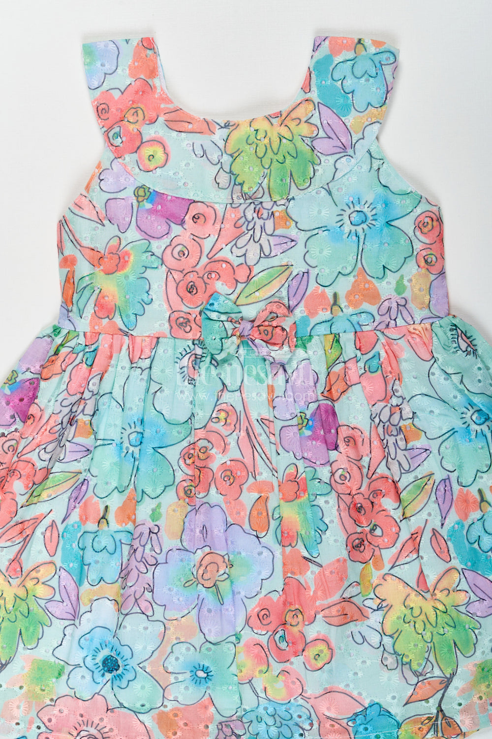 The Nesavu Baby Cotton Frocks Girls Dresses Flower Style in Soft Hakoba Cotton with Multicolor Floral Print and Bow Waist Nesavu Nesavu Multicolor Hakoba Cotton Dresses Flower Style Girls Bow Detail Comfortable Fit