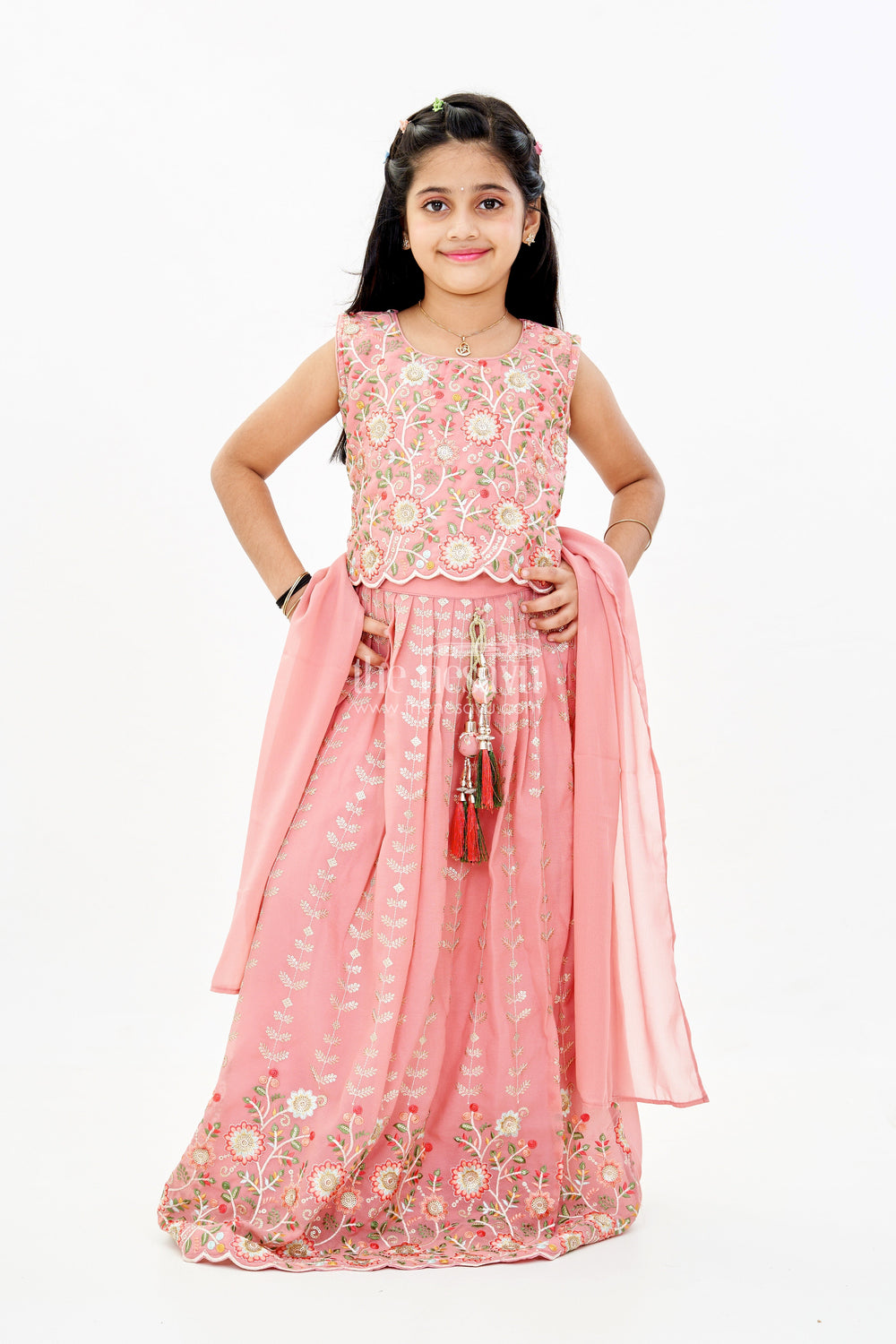 The Nesavu Girls Lehenga Choli Girls Dupatta Style on Choli Lehenga Set with Embroidery for Grand Festive Look Nesavu Nesavu Girls Dupatta Style Choli Lehenga Embroidery Festive Wedding Wear
