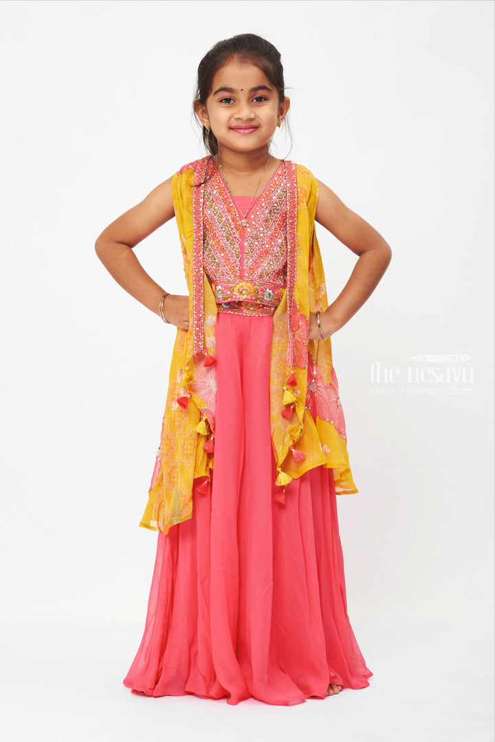 The Nesavu Girls Sharara / Plazo Set Girls Elegant Crop Top and Palazzo Pant with Flowy Overcoat Set Nesavu 24 (5Y) / Pink / Poly Georgette GPS245A-24 Elegant Palazzo Dresses for Kids | Vibrant Kurti and Palazzo Combo | The Nesavu