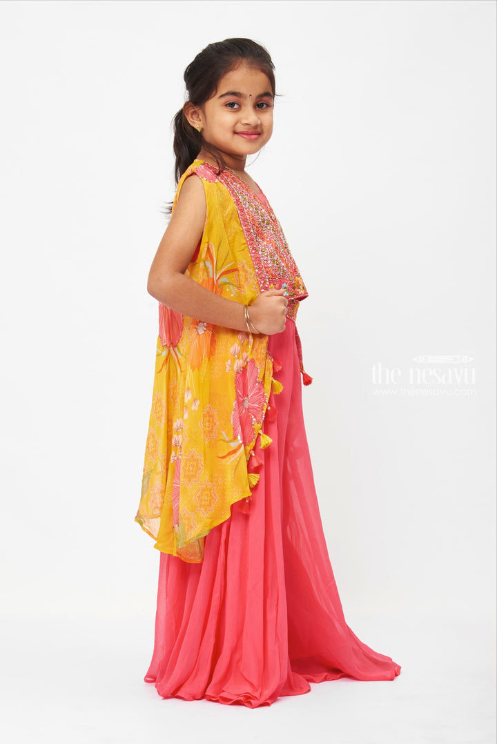 The Nesavu Girls Sharara / Plazo Set Girls Elegant Crop Top and Palazzo Pant with Flowy Overcoat Set Nesavu Elegant Palazzo Dresses for Kids | Vibrant Kurti and Palazzo Combo | The Nesavu