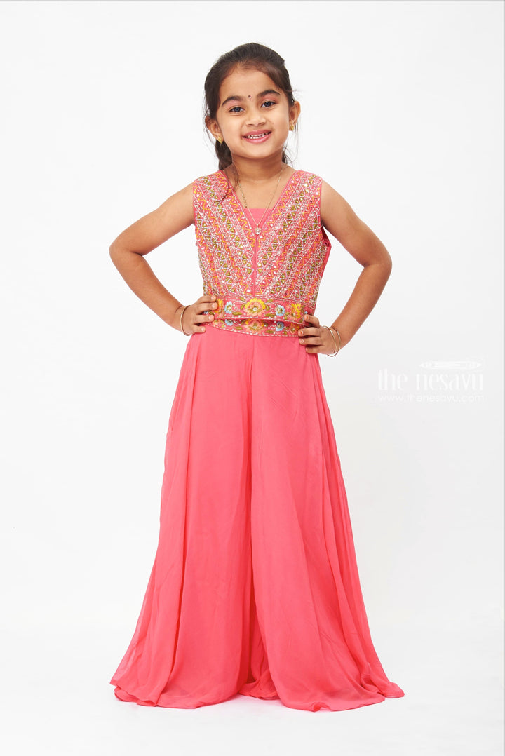 The Nesavu Girls Sharara / Plazo Set Girls Elegant Crop Top and Palazzo Pant with Flowy Overcoat Set Nesavu Elegant Palazzo Dresses for Kids | Vibrant Kurti and Palazzo Combo | The Nesavu