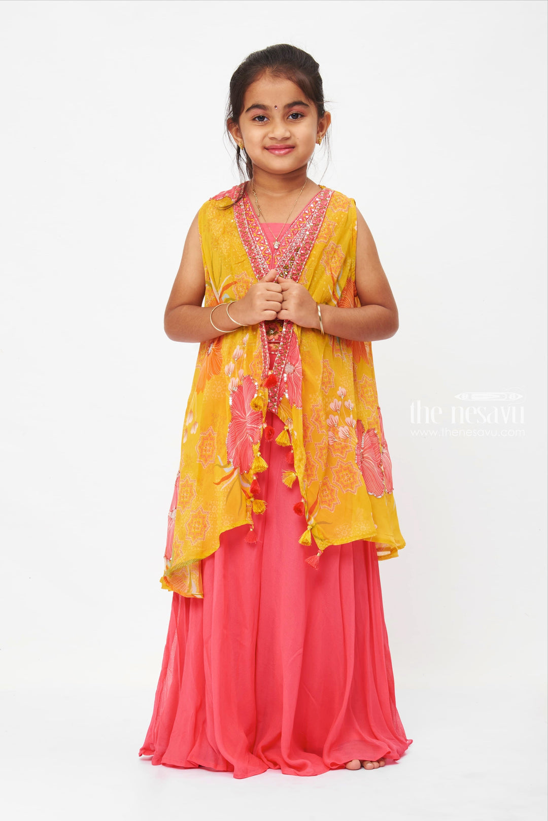 The Nesavu Girls Sharara / Plazo Set Girls Elegant Crop Top and Palazzo Pant with Flowy Overcoat Set Nesavu Elegant Palazzo Dresses for Kids | Vibrant Kurti and Palazzo Combo | The Nesavu