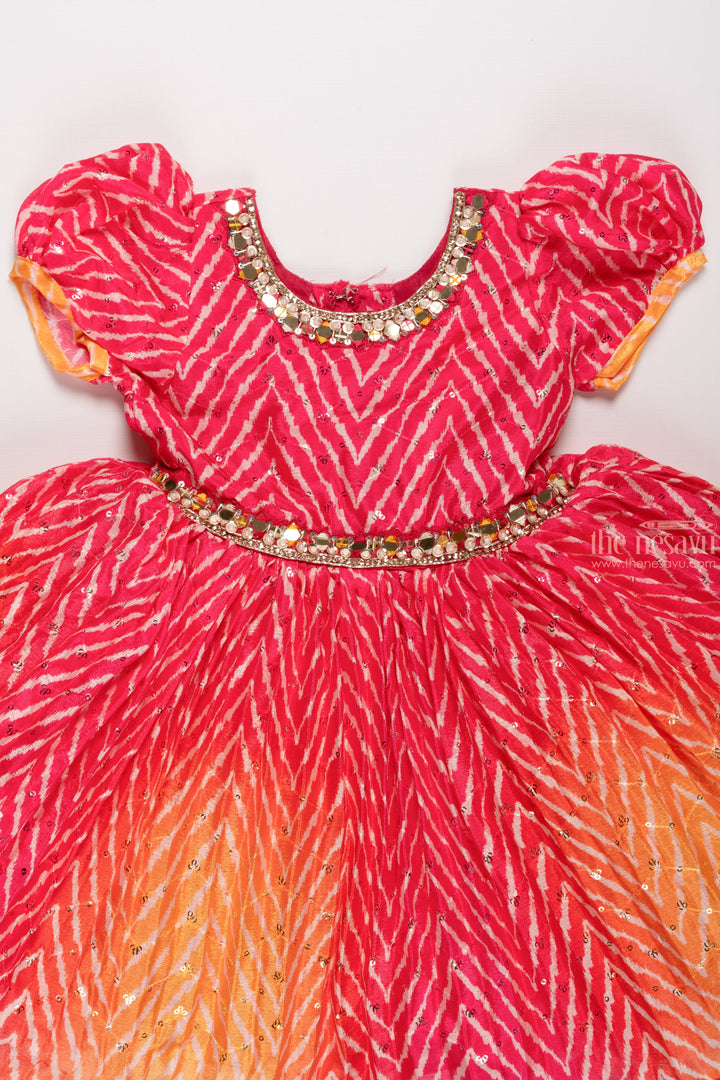 The Nesavu Silk Party Frock Girls Elegant Gradient Red Ethnic Silk Frock with Mirror Embellishment Nesavu Red to Yellow Trendy Fashion | Special Event Wear for Young Ones | The Nesavu