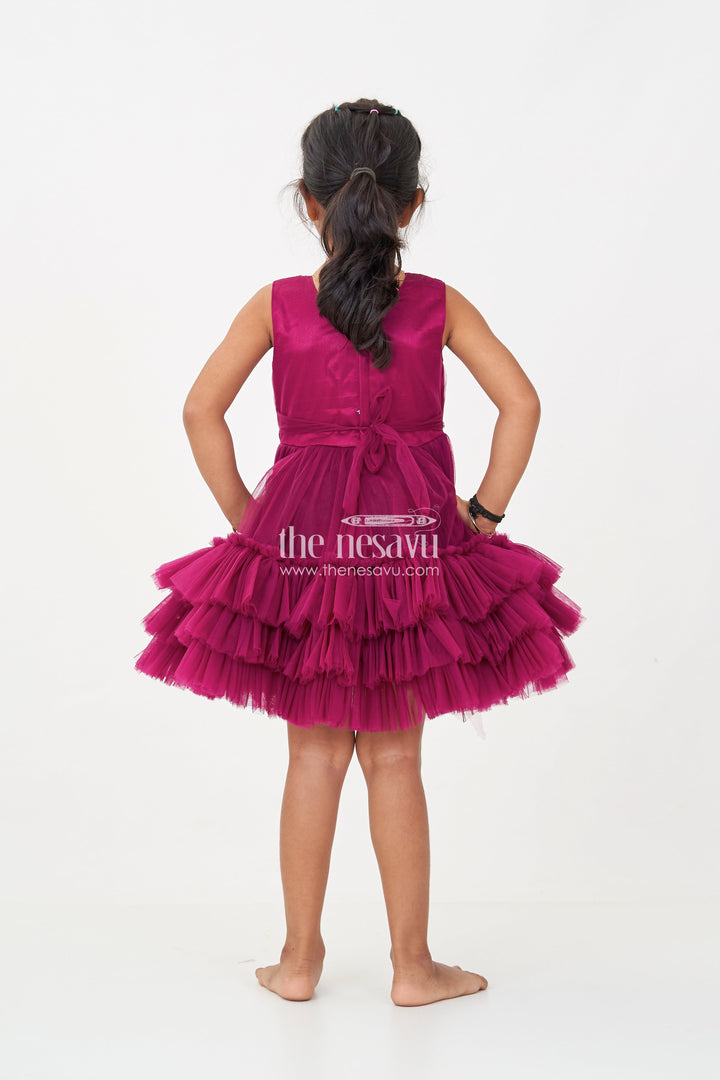 The Nesavu Girls Fancy Party Frock Girls Elegant Purple Cocktail Party Dress with Ruffled Layers and Sequin Embellishments Nesavu Nesavu Girls Elegant Purple Cocktail Party Dress Ruffled Net Sequin Detailing