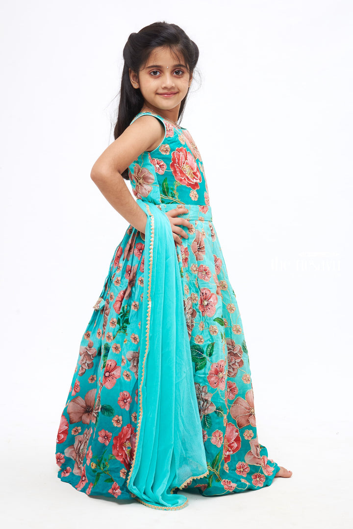 The Nesavu Girls Party Gown Girls Elegant Turquoise Floral Anarkali Gown with Sheer Dupatta Nesavu Festive Children's Outfit | Traditional Indian Wear for Girls | Anarkali Gown | The Nesavu