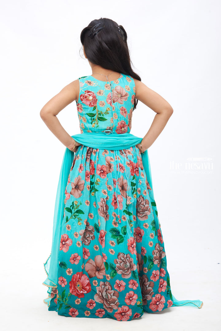 The Nesavu Girls Party Gown Girls Elegant Turquoise Floral Anarkali Gown with Sheer Dupatta Nesavu Festive Children's Outfit | Traditional Indian Wear for Girls | Anarkali Gown | The Nesavu