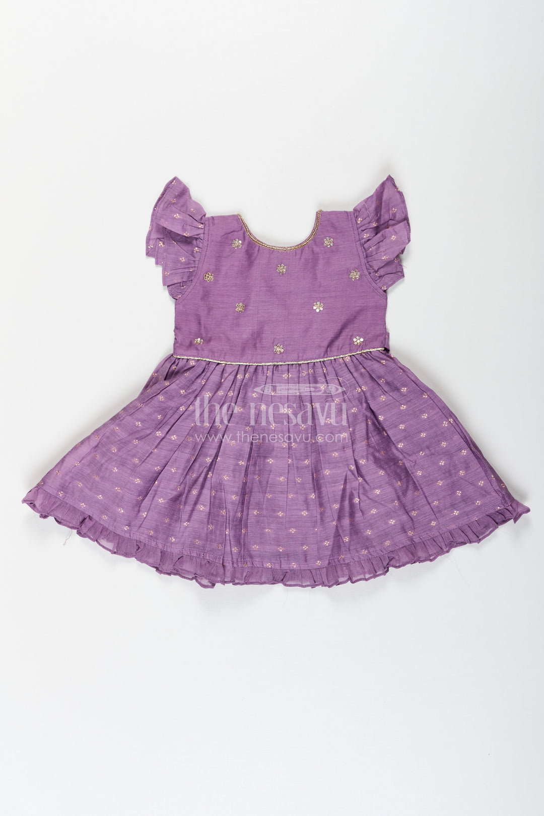 The Nesavu Girls Cotton Frock Girls Elsa Frock in Chanderi with Sequence Embroidery Yoke and Ruffle Sleeves for Festive Looks Nesavu 16 (1Y) / Purple GFC1666A-16 Nesavu Girls Elsa Frock Chanderi Sequence Embroidered Yoke Ruffle Sleeves