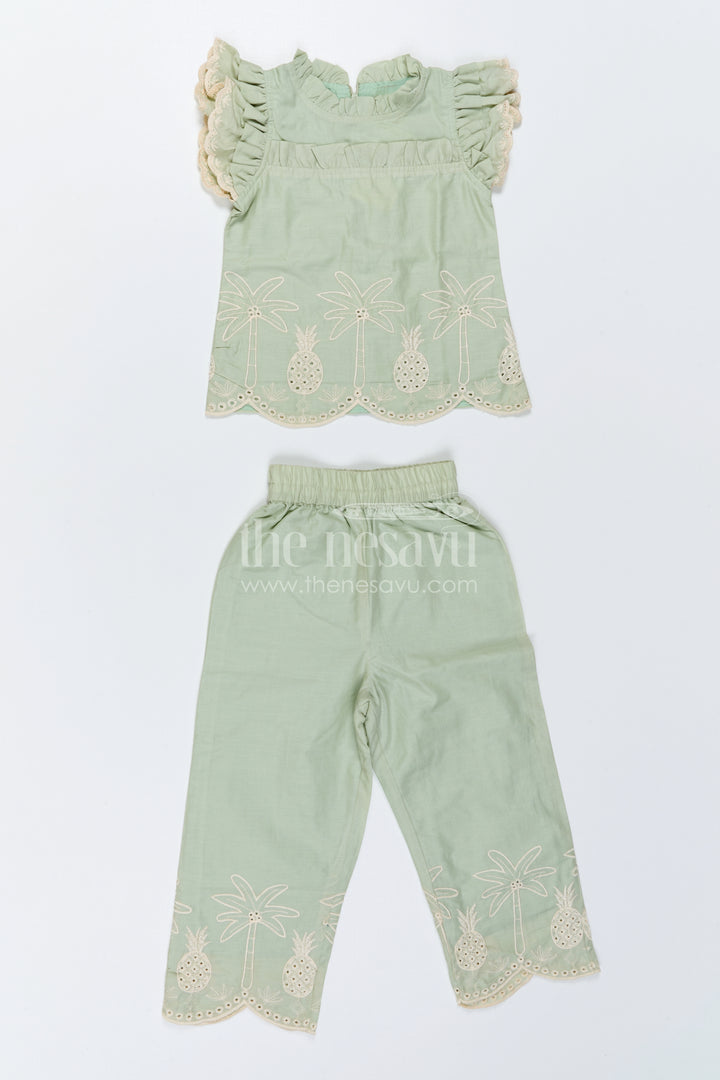 The Nesavu Girls Co-Ord Sets Girls Embroidered Beach Co Ord Set for Vacation Wear Nesavu 22 (4Y) / Green / Cotton Blend GCS067A-22 Nesavu Girls Embroidered Vacation Co Ord Set With Tropical Thread Work For Summer Outings