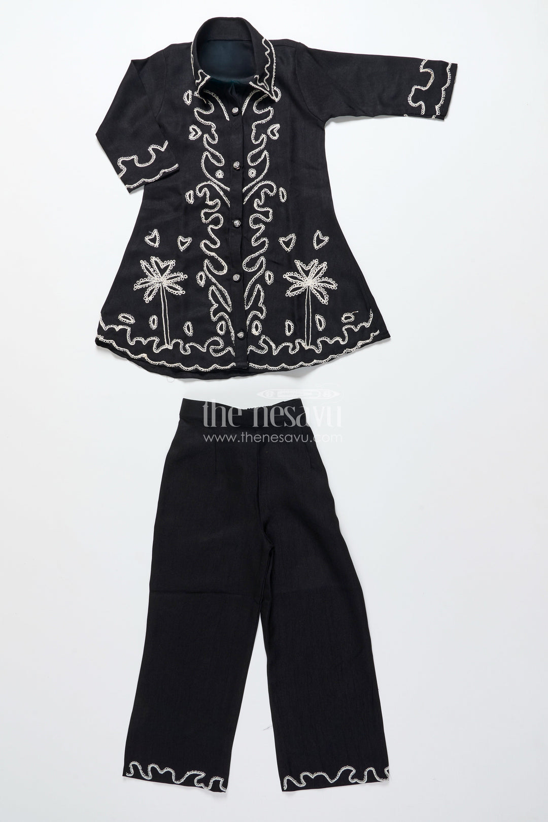 The Nesavu Girls Co-Ord Sets Girls Embroidered Black Georgette Plazo Set for Evening Functions Nesavu 24 (5Y) / Black GPS863A-24 Nesavu girls black georgette plazo set thread embroidery festive cultural functions