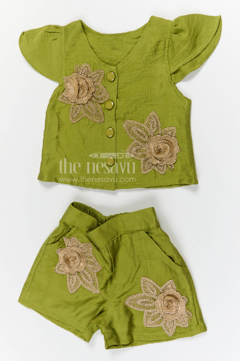 The Nesavu Girls Co-Ord Sets Girls Embroidered Co Ord Set for Casual Outings and Summer Playtime Nesavu 18 (2Y) / Green / Cotton GCS031A-18 Nesavu girls cotton blend embroidered co ord set for summer playtime and casual outings
