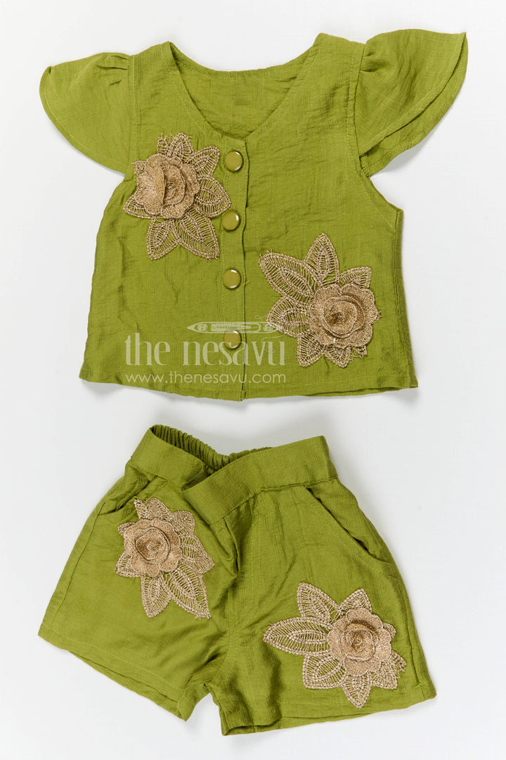 The Nesavu Girls Co-Ord Sets Girls Embroidered Co Ord Set for Casual Outings and Summer Playtime Nesavu 18 (2Y) / Green / Cotton GCS031A-18 Nesavu girls cotton blend embroidered co ord set for summer playtime and casual outings