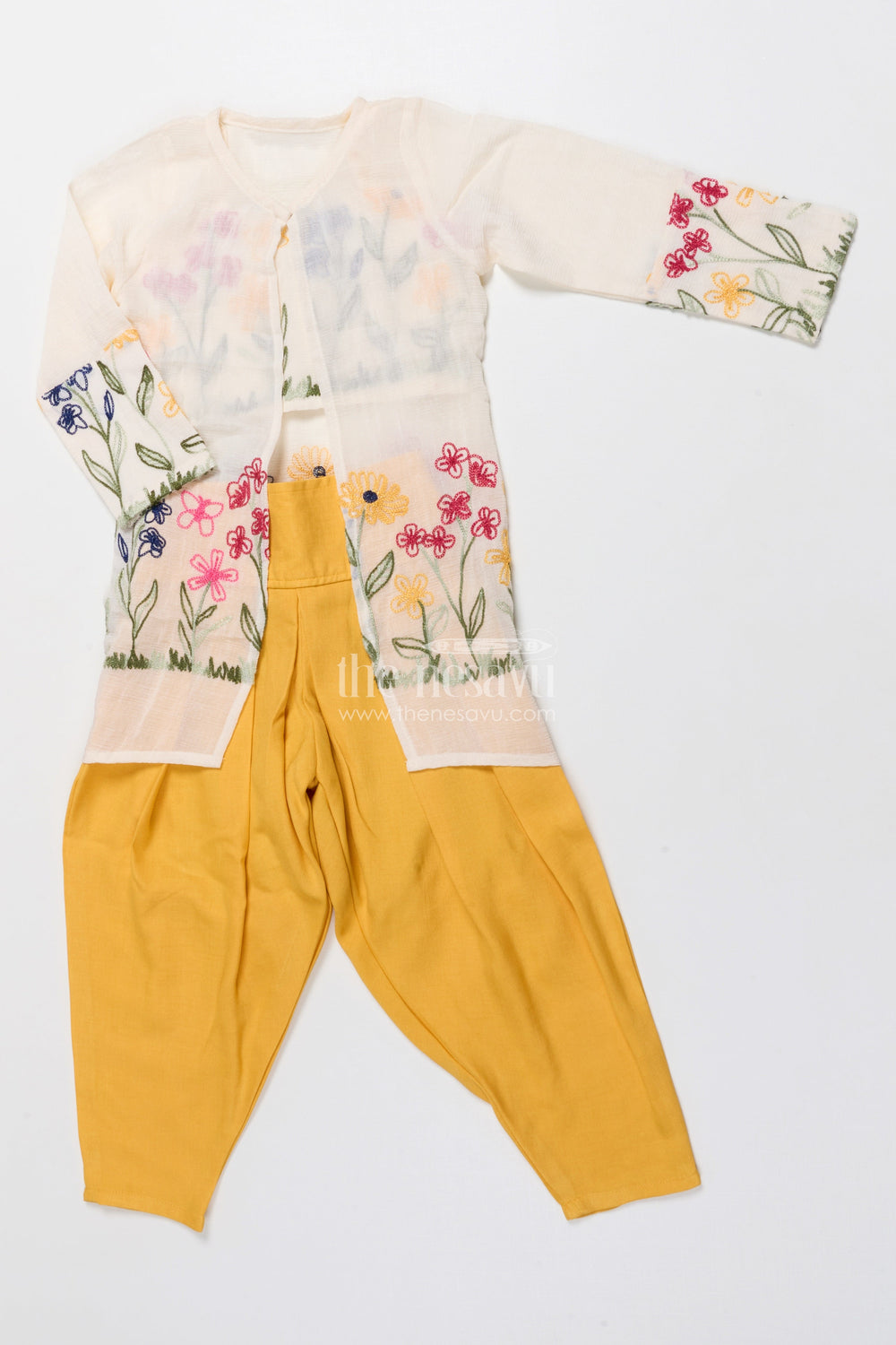 The Nesavu Girls Co-Ord Sets Girls Embroidered Co-Ord Set for Festivals and Family Gatherings Nesavu 22 (4Y) / Yellow GPS903A-22 Nesavu girls co-ord set floral embroidery harem pants festivals cultural events