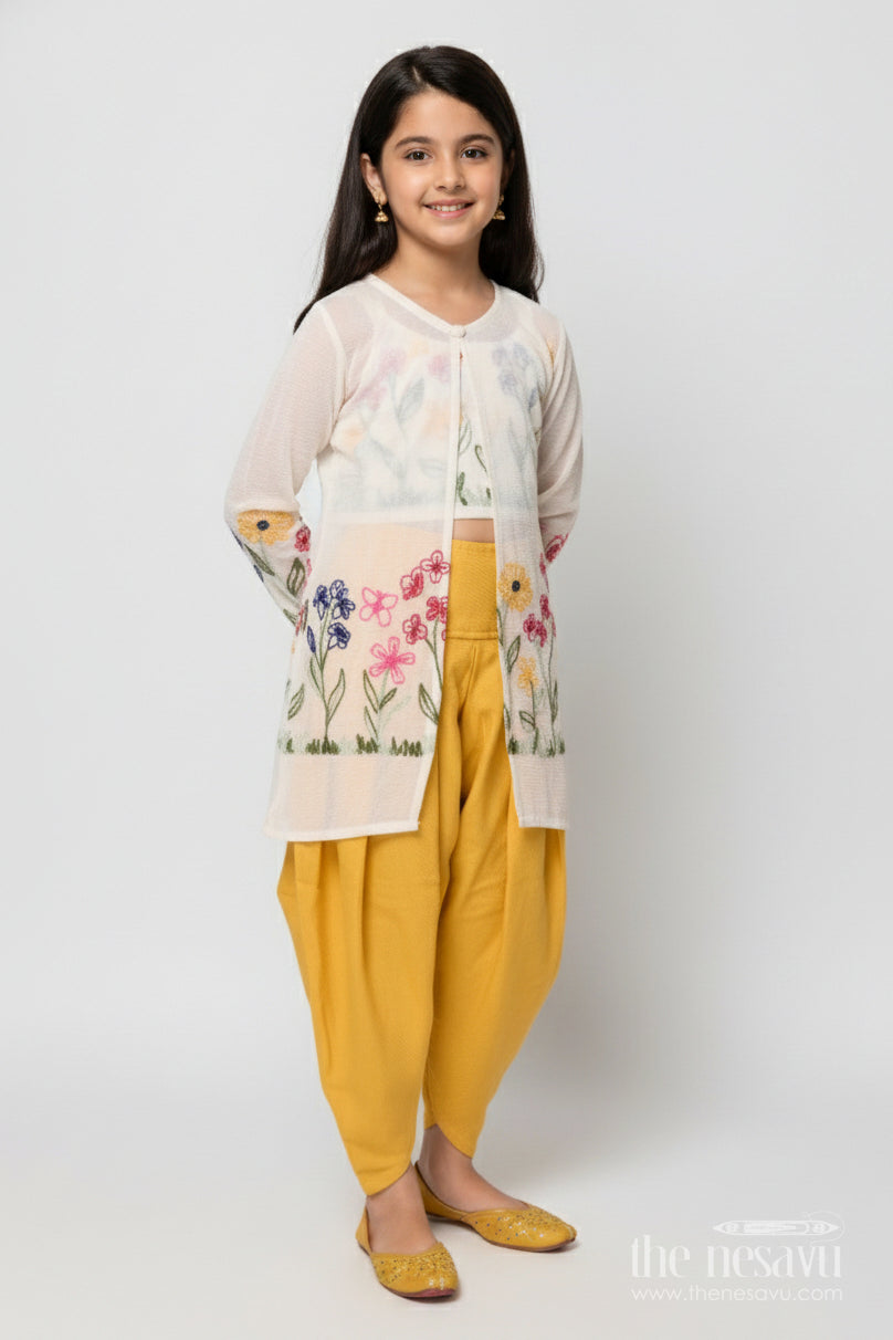 The Nesavu Girls Co-Ord Sets Girls Embroidered Co-Ord Set for Festivals and Family Gatherings Nesavu 22 (4Y) / Yellow GPS903A-22 Nesavu girls co-ord set floral embroidery harem pants festivals cultural events