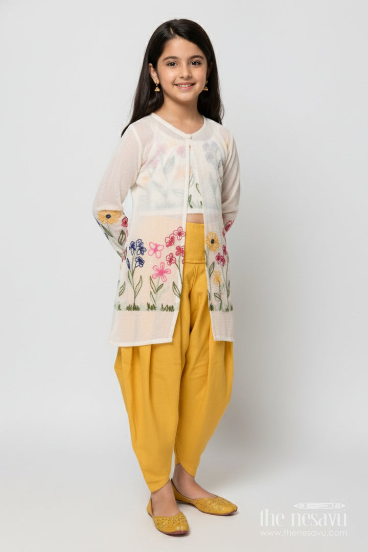 The Nesavu Girls Co-Ord Sets Girls Embroidered Co-Ord Set for Festivals and Family Gatherings Nesavu 22 (4Y) / Yellow GPS903A-22 Nesavu girls co-ord set floral embroidery harem pants festivals cultural events