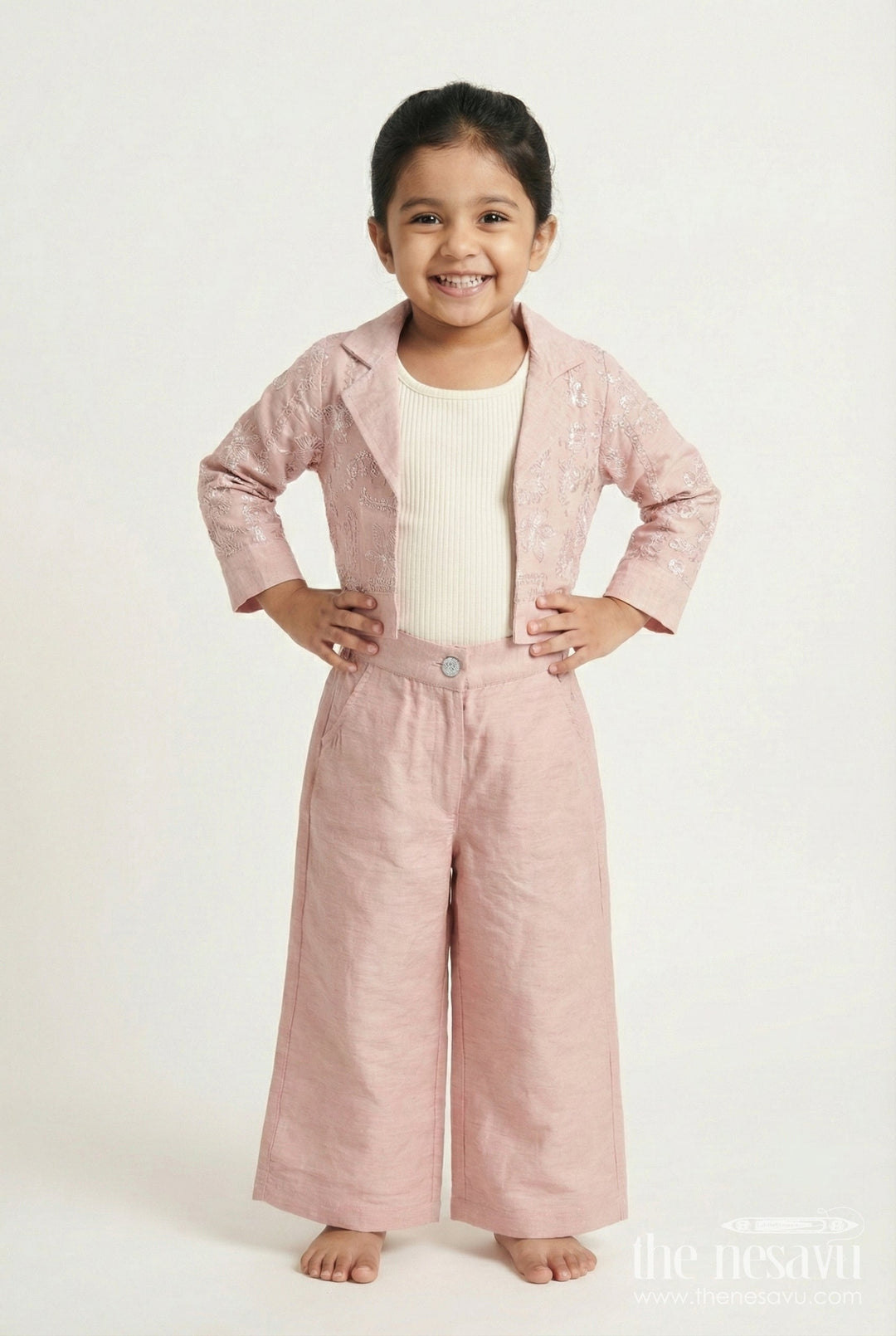 The Nesavu Girls Co-Ord Sets Girls Embroidered Co-Ord Set for Festive and Family Occasions Nesavu 24 (5Y) / Pink GPS641A-24 Nesavu girls embroidered co-ord set rayon cotton school events festive functions