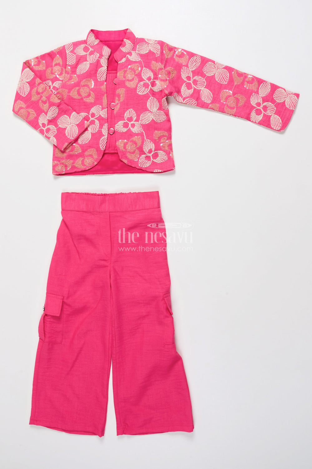 The Nesavu Girls Co-Ord Sets Girls Embroidered Co-Ord Set with Jacket for Ethnic Functions and Festive Parties Nesavu 24 (5Y) / Deeppink GPS638C-24 Nesavu girls embroidered co-ord set floral jacket festive ethnic outfit parties events