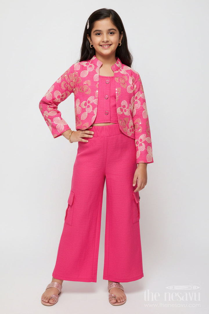 The Nesavu Girls Co-Ord Sets Girls Embroidered Co-Ord Set with Jacket for Ethnic Functions and Festive Parties Nesavu 24 (5Y) / Deeppink GPS638C-24 Nesavu girls embroidered co-ord set floral jacket festive ethnic outfit parties events