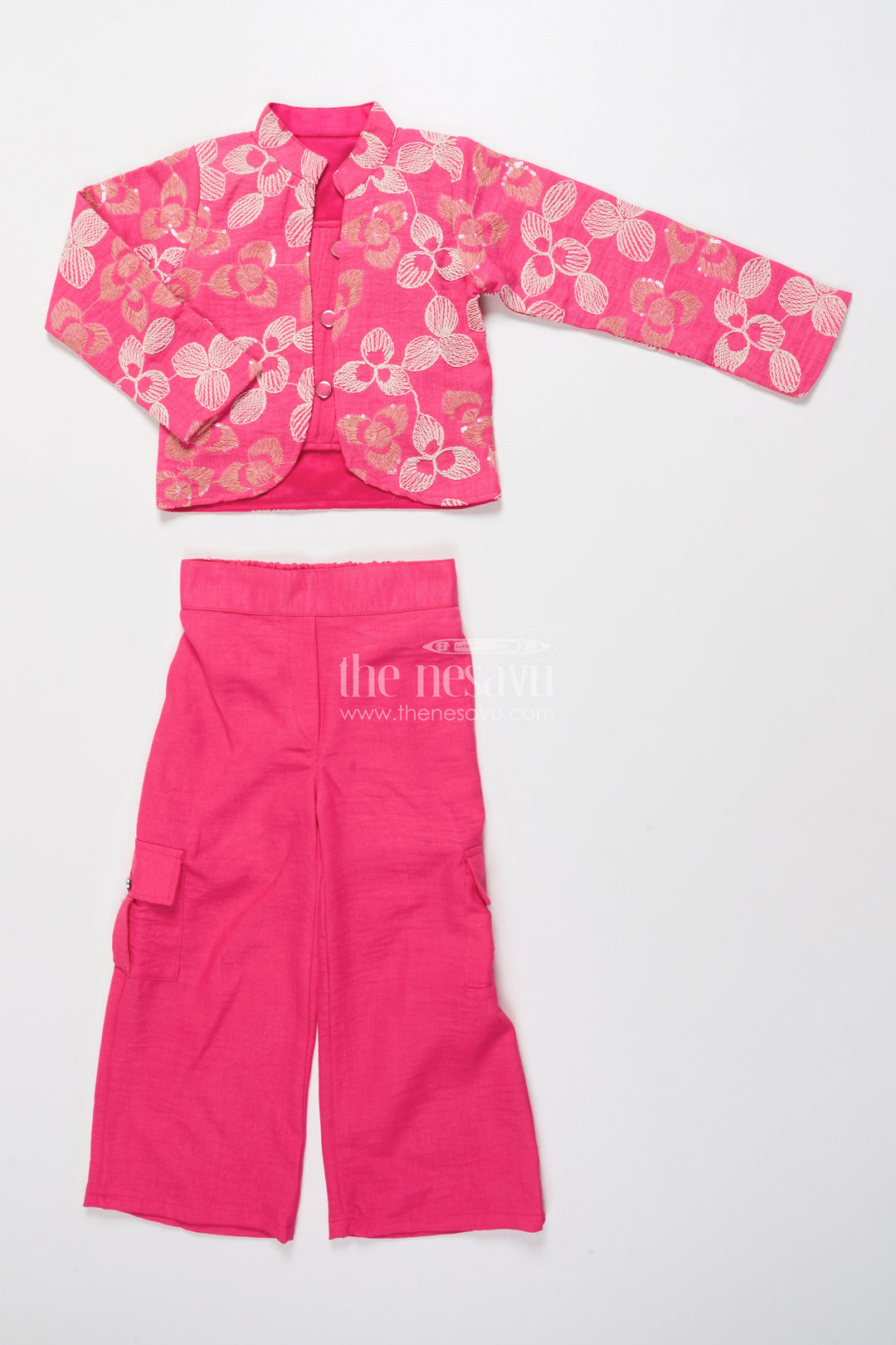 The Nesavu Girls Co-Ord Sets Girls Embroidered Co-Ord Set with Jacket for Ethnic Functions and Festive Parties Nesavu Nesavu girls embroidered co-ord set floral jacket festive ethnic outfit parties events