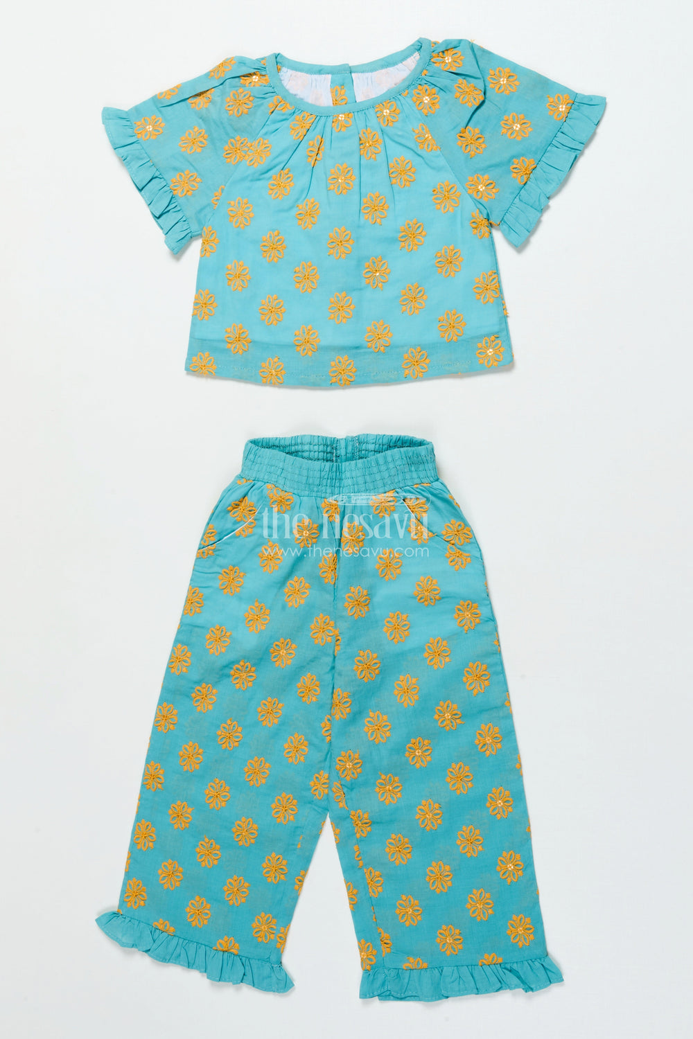 The Nesavu Girls Co-Ord Sets Girls Embroidered Cotton Co-Ord Set for Festive Playdates and Twirl Time Nesavu 18 (2Y) / Green GPS797A-18 Nesavu girls cotton co-ord set floral embroidery stylish festive-ready outfit playdates events