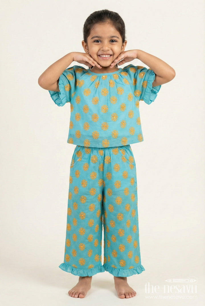 The Nesavu Girls Co-Ord Sets Girls Embroidered Cotton Co-Ord Set for Festive Playdates and Twirl Time Nesavu 18 (2Y) / Green GPS797A-18 Nesavu girls cotton co-ord set floral embroidery stylish festive-ready outfit playdates events