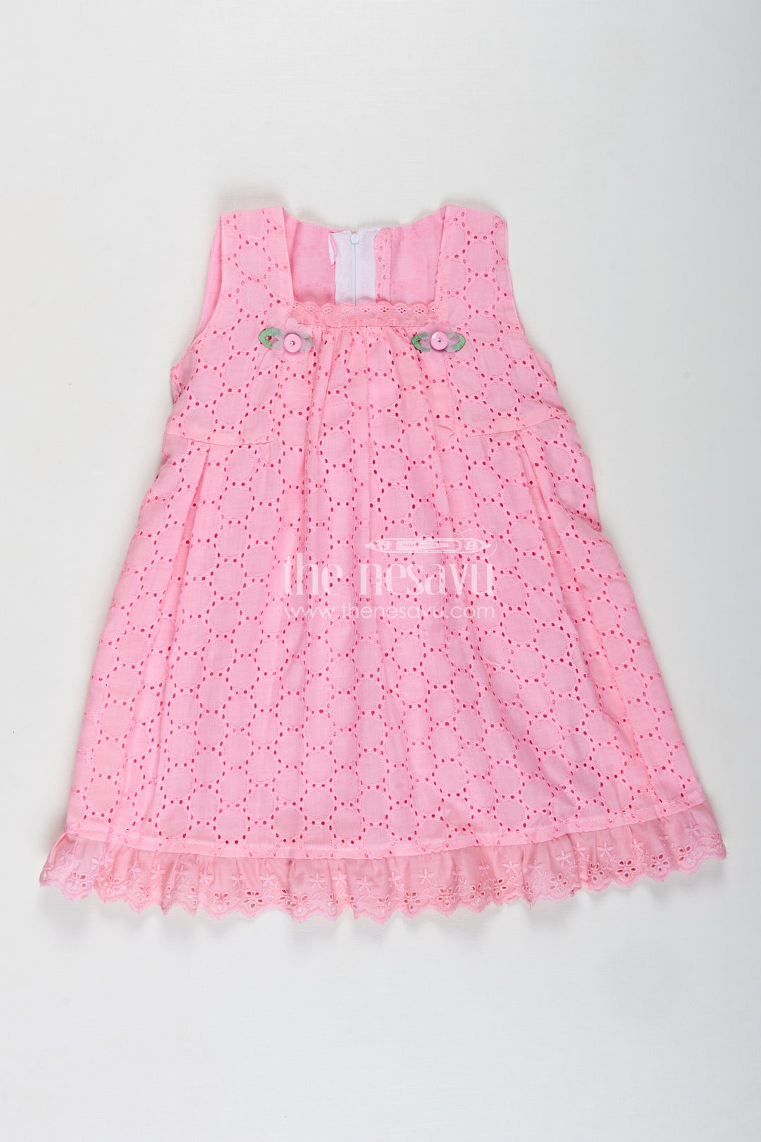 The Nesavu Girls Cotton Frock Girls Embroidered Cotton Dress Casual Hakoba Style Nesavu 18 (2Y) / Pink GFC1843B-18 Nesavu Soft Cotton Hakoba Frock Dress Kids Floral Embroidery Button Details