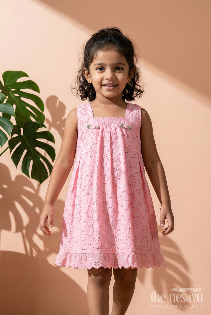 The Nesavu Girls Cotton Frock Girls Embroidered Cotton Dress Casual Hakoba Style Nesavu 18 (2Y) / Pink GFC1843B-18 Nesavu Soft Cotton Hakoba Frock Dress Kids Floral Embroidery Button Details