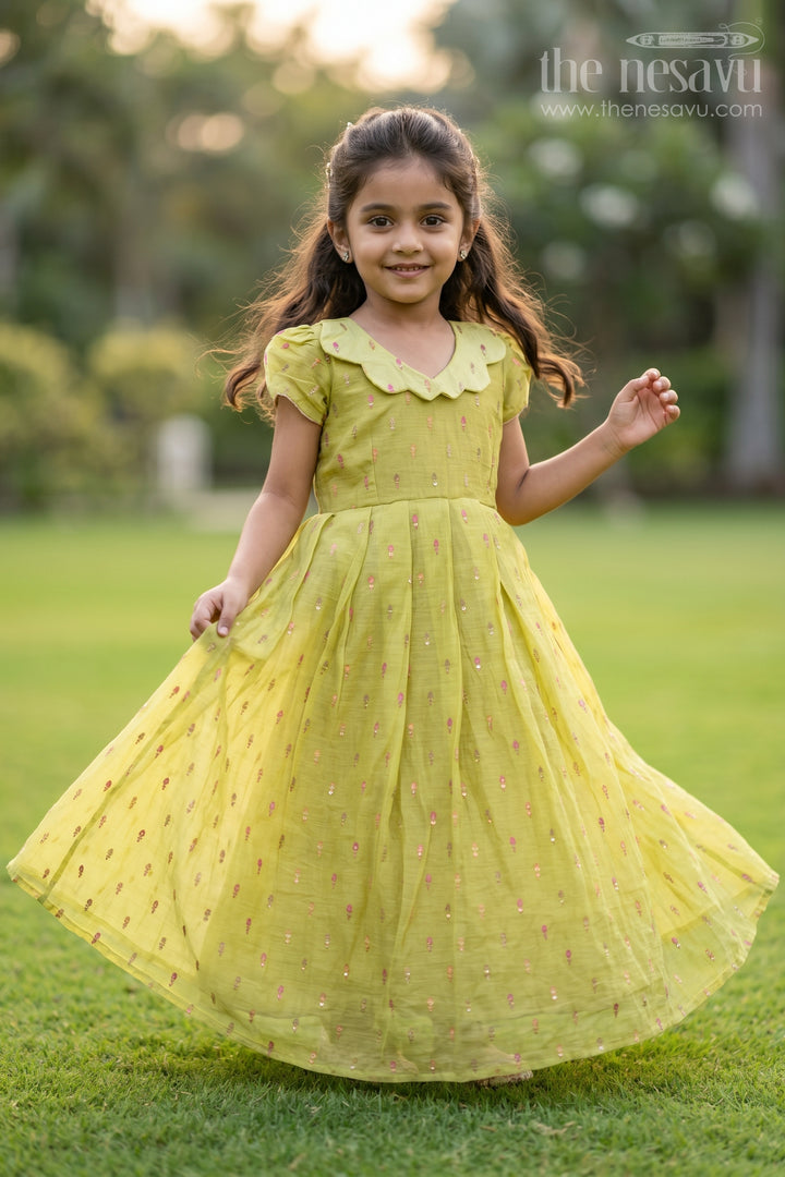 The Nesavu Girls Casual Gown Girls Embroidered Cotton Dress for Festive Outings and Parties Nesavu 18 (2Y) / Green / Chanderi GA402B-18 Nesavu Girls Embroidered Cotton Dress For Festive Outings And Family Celebrations With Pleated Flare