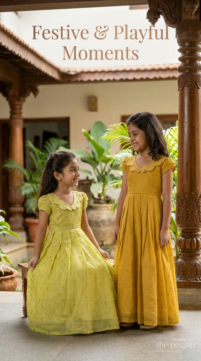 The Nesavu Girls Casual Gown Girls Embroidered Cotton Dress for Festive Outings and Parties Nesavu Nesavu Girls Embroidered Cotton Dress For Festive Outings And Family Celebrations With Pleated Flare