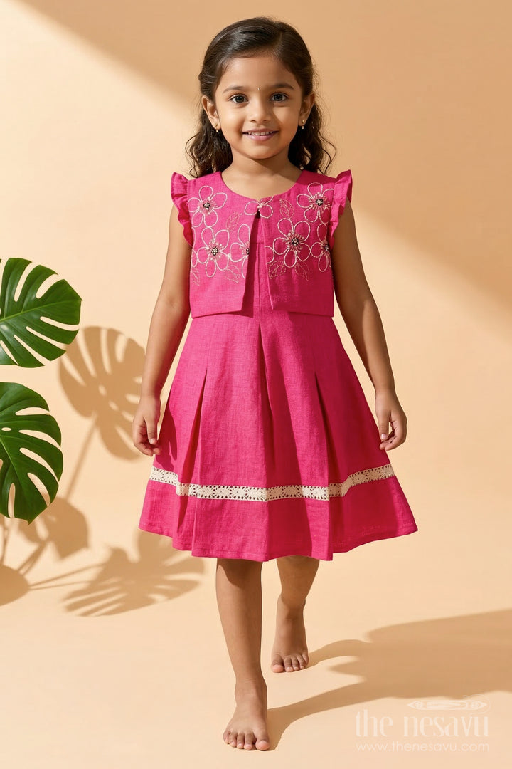 The Nesavu Girls Cotton Frock Girls Embroidered Cotton Frock with Shrug for Special Occasions Nesavu 20 (3Y) / Pink / Cotton GFC2105B-20 Nesavu girls cotton frock with floral shrug and thread embroidery for weddings and special functions