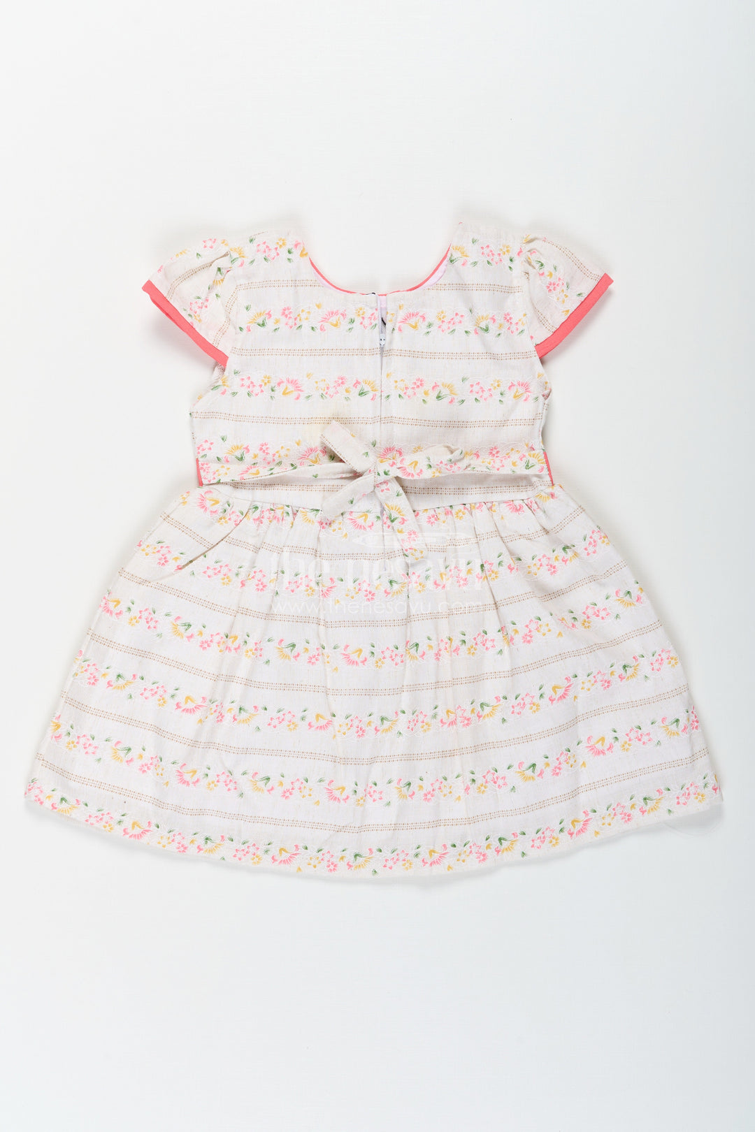 The Nesavu Baby Cotton Frocks Girls Embroidered Floral Frock in Blend Cotton with Short Sleeves and Coral Bow Belt Nesavu Nesavu Girls Floral Embroidered Frock Cotton Blend Coral Bow Short Sleeves