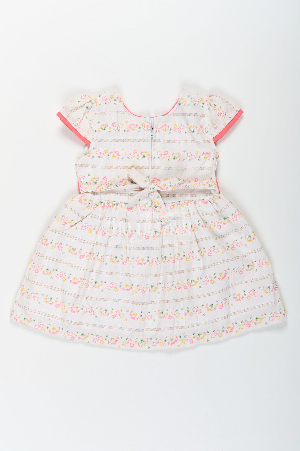 The Nesavu Baby Cotton Frocks Girls Embroidered Floral Frock in Blend Cotton with Short Sleeves and Coral Bow Belt Nesavu Nesavu Girls Floral Embroidered Frock Cotton Blend Coral Bow Short Sleeves