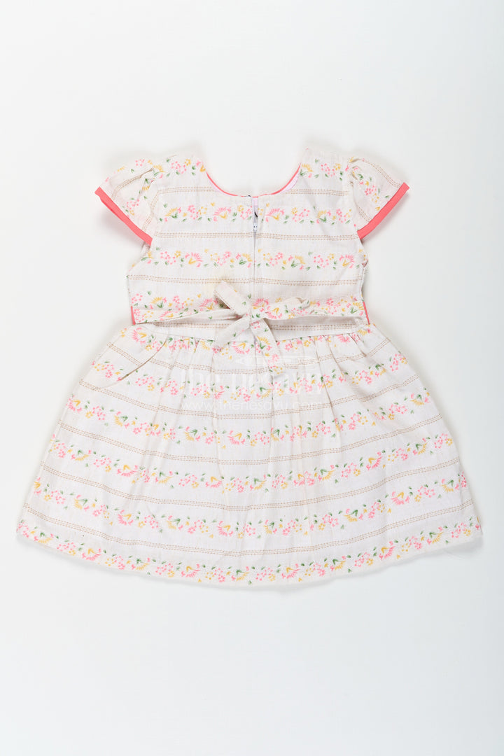 The Nesavu Baby Cotton Frocks Girls Embroidered Floral Frock in Blend Cotton with Short Sleeves and Coral Bow Belt Nesavu Nesavu Girls Floral Embroidered Frock Cotton Blend Coral Bow Short Sleeves