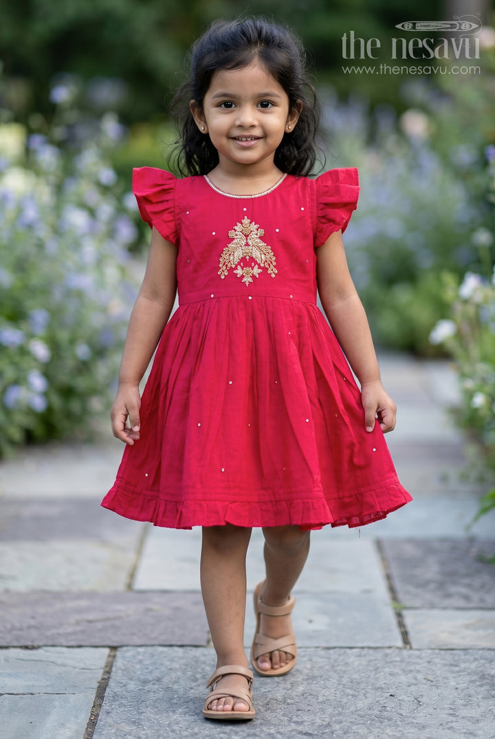 The Nesavu Girls Chanderi Frock Girls Embroidered Frock for Festive Outings and Family Functions Nesavu 16 (1Y) / Red / Chanderi GFC2191B-16 Nesavu Girls Chanderi Frock With Peacock Embroidery For Festive Outings And Celebrations