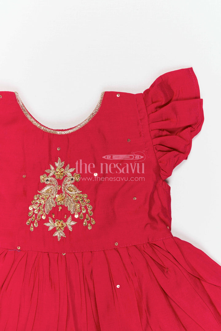 The Nesavu Girls Chanderi Frock Girls Embroidered Frock for Festive Outings and Family Functions Nesavu Nesavu Girls Chanderi Frock With Peacock Embroidery For Festive Outings And Celebrations