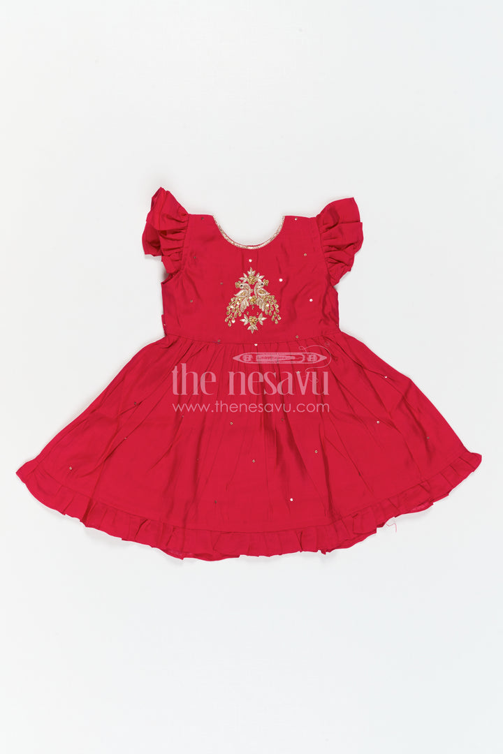 The Nesavu Girls Chanderi Frock Girls Embroidered Frock for Festive Outings and Family Functions Nesavu Nesavu Girls Chanderi Frock With Peacock Embroidery For Festive Outings And Celebrations