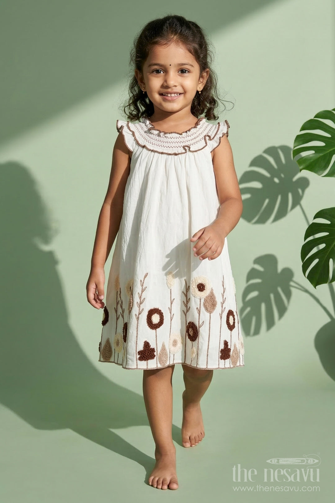 The Nesavu Girls Chanderi Frock Girls Embroidered Frock for Naming Ceremony and Milestone Events Nesavu 18 (2Y) / Half white / Chanderi GFC2109A-18 Nesavu half-white embroidered frock in viscose blend for naming ceremony and traditional functions