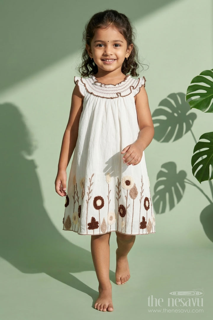 The Nesavu Girls Chanderi Frock Girls Embroidered Frock for Naming Ceremony and Milestone Events Nesavu 18 (2Y) / Half white / Chanderi GFC2109A-18 Nesavu half-white embroidered frock in viscose blend for naming ceremony and traditional functions
