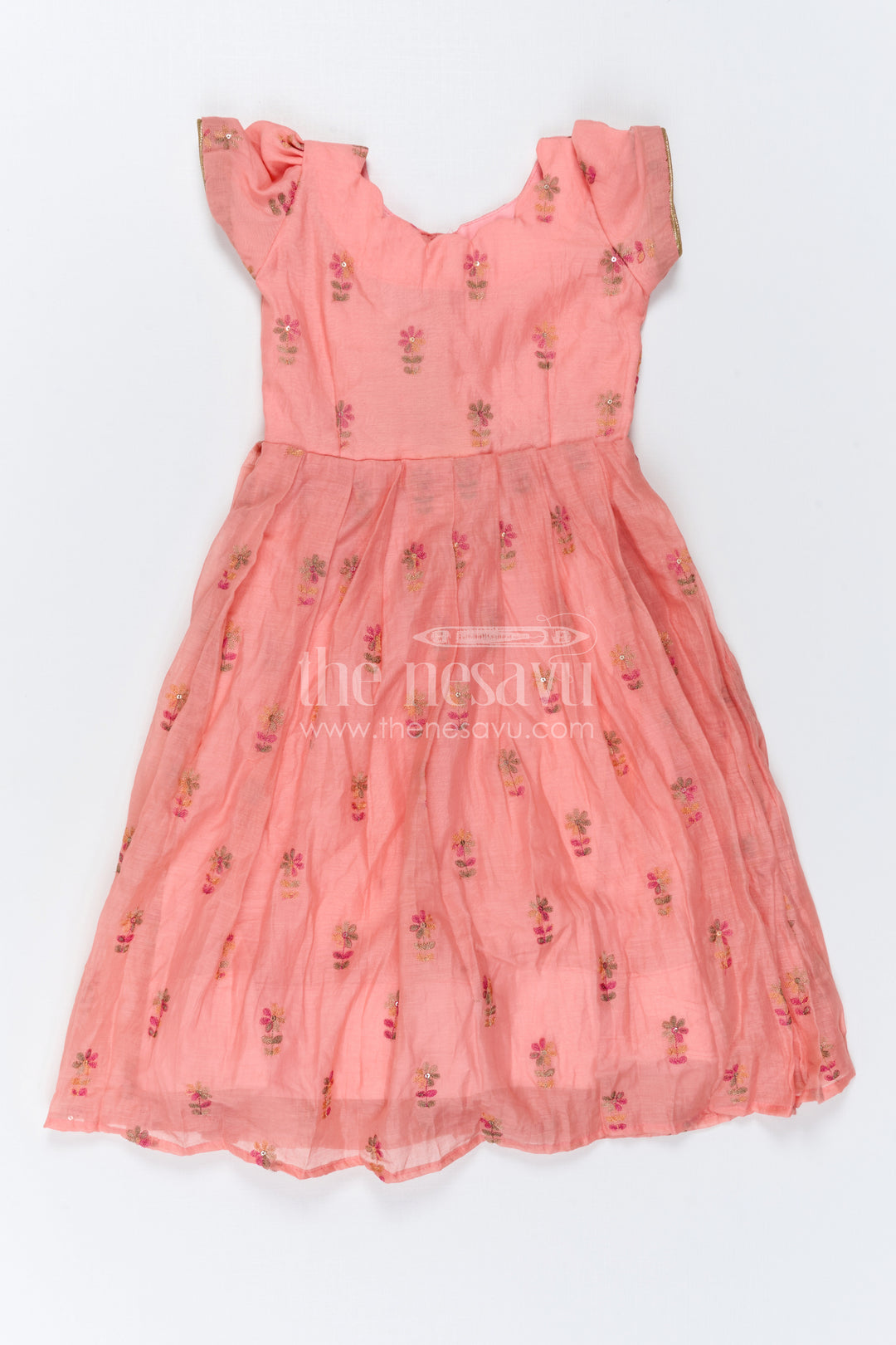The Nesavu Girls Silk Gown Girls Embroidered Gown for Festive Evenings and Family Celebrations Nesavu 18 (2Y) / Peach / Silk GA393A-18 Nesavu Girls Embroidered Chanderi Gown For Festive Evenings And Family Celebrations