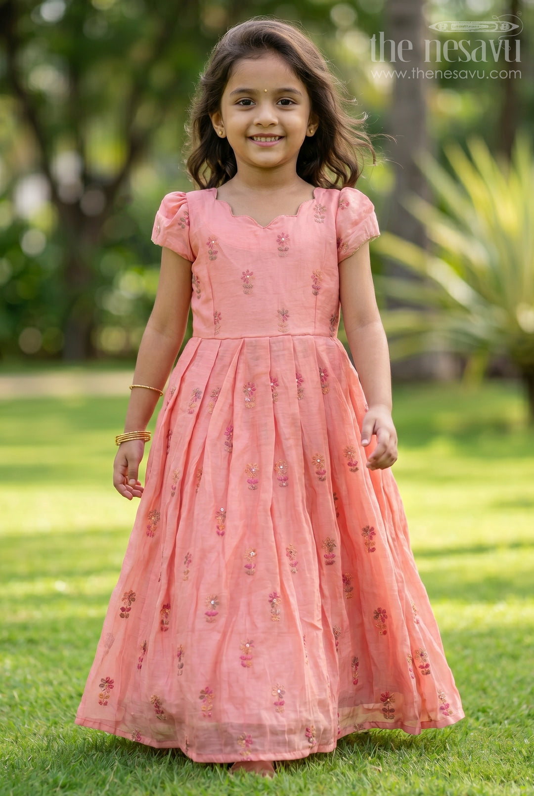 The Nesavu Girls Silk Gown Girls Embroidered Gown for Festive Evenings and Family Celebrations Nesavu 18 (2Y) / Peach / Silk GA393A-18 Nesavu Girls Embroidered Chanderi Gown For Festive Evenings And Family Celebrations