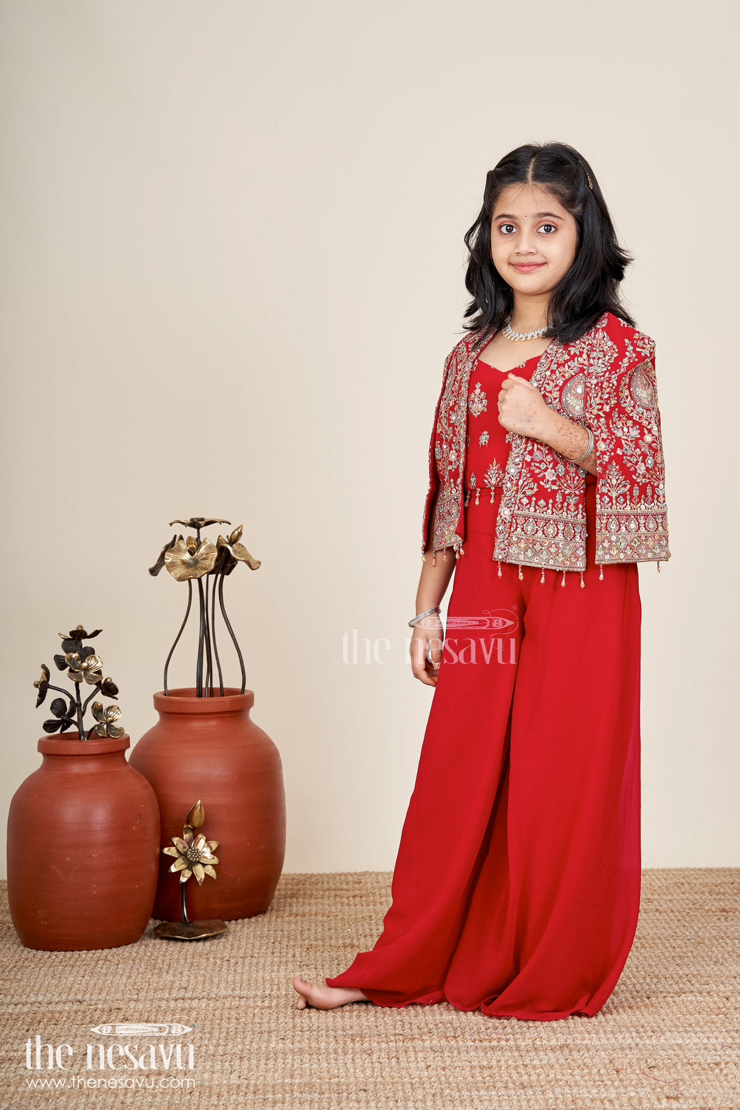 The Nesavu Girls Sharara / Plazo Set Girls embroidered jacket sharara set for weddings and parties Nesavu 28 (7Y) / Red GPS822A-28 Nesavu girls georgette sharara set with designer embroidered jacket for weddings and parties