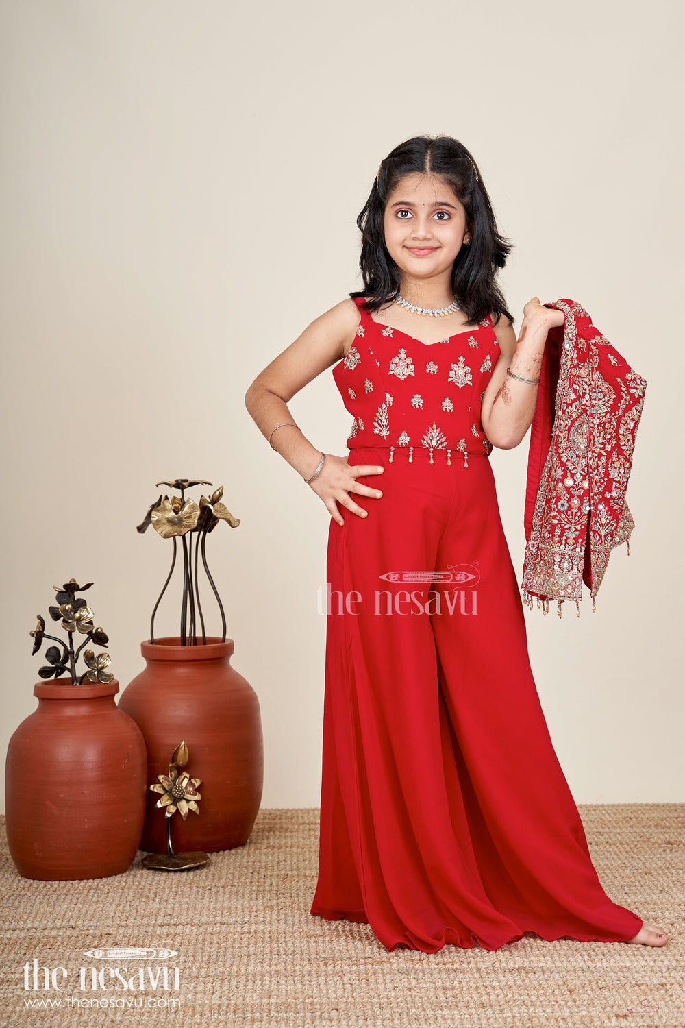 The Nesavu Girls Sharara / Plazo Set Girls embroidered jacket sharara set for weddings and parties Nesavu Nesavu girls georgette sharara set with designer embroidered jacket for weddings and parties