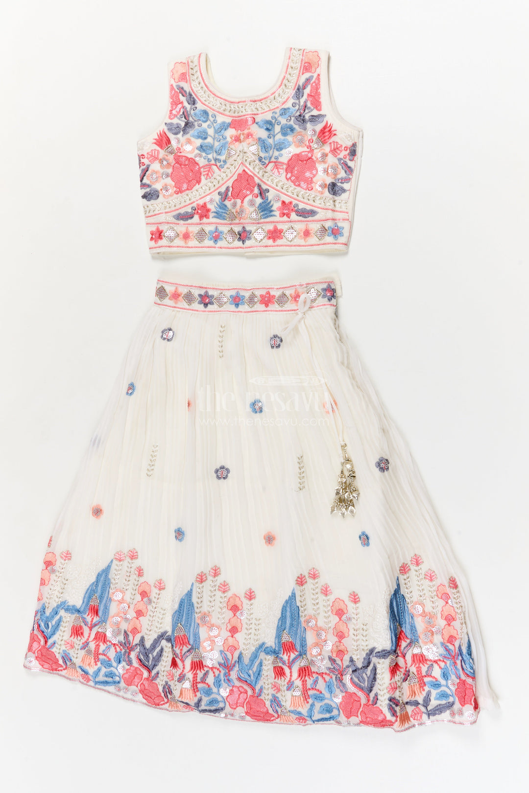 The Nesavu Girls Ethnic Lehenga Girls Embroidered Lehenga Choli Set for Festive Family Gatherings Nesavu 24 (5Y) / Half white / Georgette GL862A-24 Nesavu girls georgette lehenga choli with embroidery and contrast dupatta for weddings and celebrations
