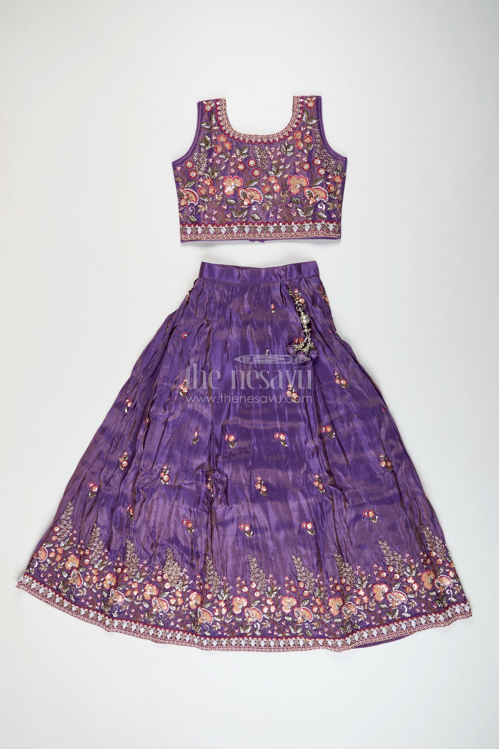 The Nesavu Girls Lehenga Choli Girls Embroidered Lehenga Choli Set for Weddings and Festive Occasions Nesavu 18 (2Y) / Purple GL711B-18 Nesavu girls lehenga choli embroidered tissue silk  perfect weddings family festivities