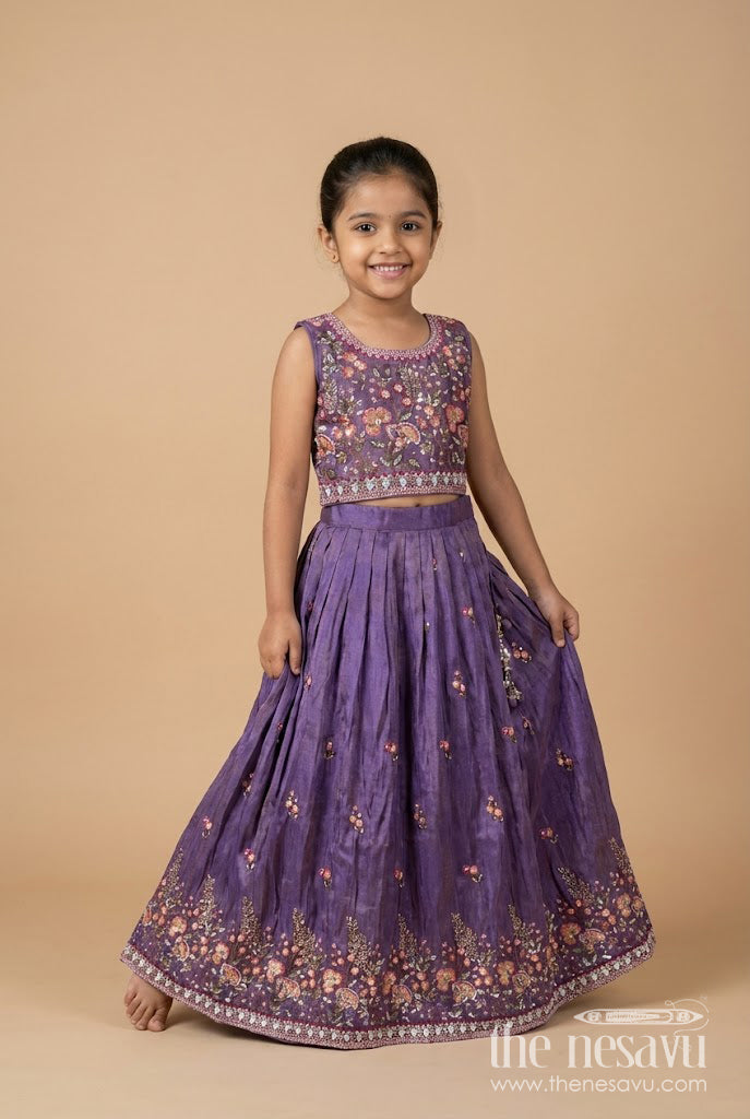 The Nesavu Girls Lehenga Choli Girls Embroidered Lehenga Choli Set for Weddings and Festive Occasions Nesavu 18 (2Y) / Purple GL711B-18 Nesavu girls lehenga choli embroidered tissue silk  perfect weddings family festivities