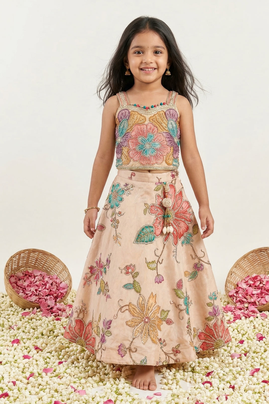 The Nesavu Girls Lehenga Choli Girls Embroidered Lehenga Set with Dupatta for Birthdays and Ethnic Functions Nesavu 16 (1Y) / Cream / Viscose GL869A-16 Nesavu embroidered lehenga choli set with dupatta and shrug for girls – ideal for birthdays and festive occasions